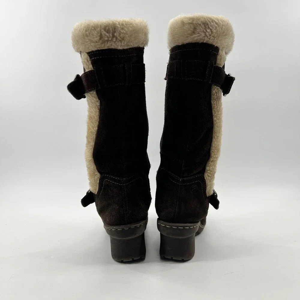 Y2K Bare Traps Boots Women 6.5M Brown Suede Wedge Faux Fur Trim Buckle Chunky